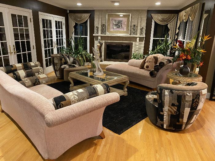 Weinman Couches, Chaise, Swivel Chairs. Schnadig coffee table and end table. Rug, home decor, real and artificial plants for sale.    Weinman Couch with cushions attached to the sides and don't move. Custom designed. Immaculate condition.  Wood legs. Originally the whole set with chaise and 2 swivel chairs and ottoman $12k. Selling as a package and separately.  Awesome prices will be available shortly. 