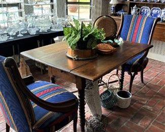 Antique drop leaf table; 2 matching chairs