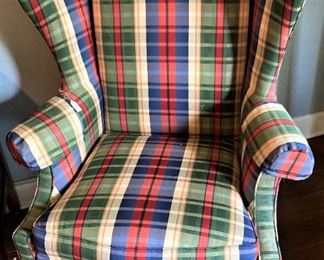 Wingback chair in bold plaid