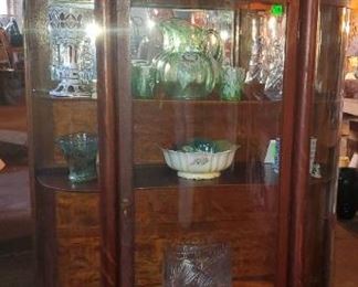 Footed, bowed glass curio. Hurricane lamps. Huge American Brilliant period glass vase.