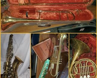 Musical instruments including trombone, saxophone, French horn, trumpet, & more!