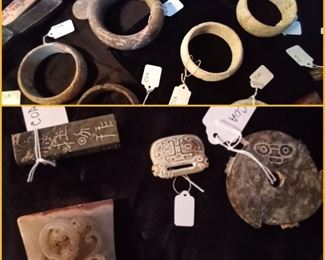 Chinese jade/stone pieces including bracelets, beads, sword hilt, pi/bi disc, and more!
