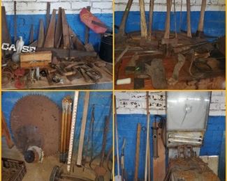 Vintage/antique tools including platform scale, lawn mower, saws & saw blades, axes, and more!