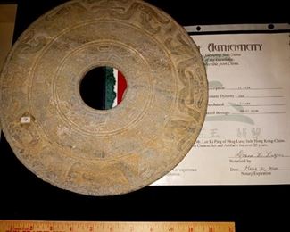 11" Chinese bi disc (pi disc) with certificate of authenticity. 