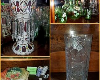 Moser Bohemian Luster, 24" tall American Brilliant period vase, Chinese brush bottles, & more