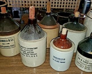 Pottery jugs including Pullman deodorizer,  Samuels & Co Chattanooga, TN.  