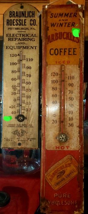 Vintage thermometers: Wooden Pittsburgh, Pennsylvania Braunlich and Metal Arbuckles coffee. 