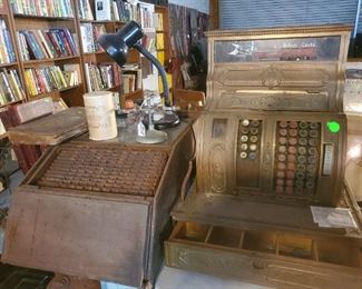 National Brass cash register, National file box, antique ledgers, Standard stamp chorale, & more. 