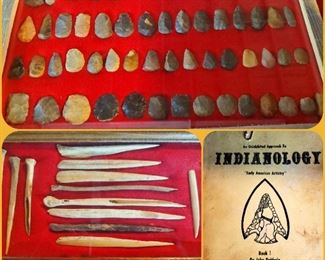 Indianola book. Native American wooden awls/tools, Native American flint points 