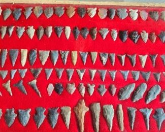 Native American bird points, drills, and arrow heads. Framed case.