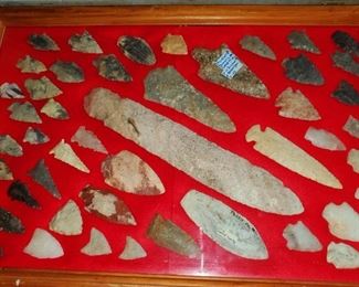 Native American flint pieces featuring a 10" blade. Arrowheads, spears, tools.