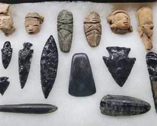 Pre-Columbian artifacts. Pottery pieces, Camahuiles, Belize black obsidian points, celt, & more. 