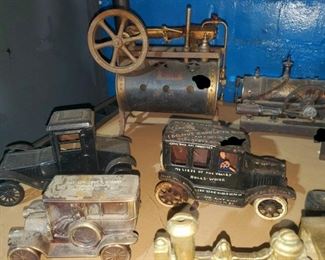 Wooten steam engine toys; metal jalopy tin toy car, & more