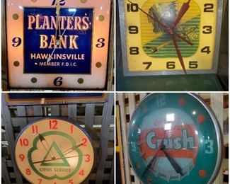 Iroquois Beer, Orange Crush, Cities Service, Planters Bank Hawkinsville advertising clocks