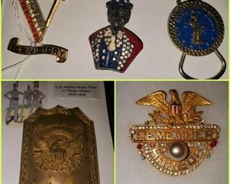 Remember Pearl Harbor Pendant by Starlet. Rhinestone pins from World War II era. Victory. Uncle Sam.  U.S. Militia shaka plate with plume holder circa 1810 - 1830