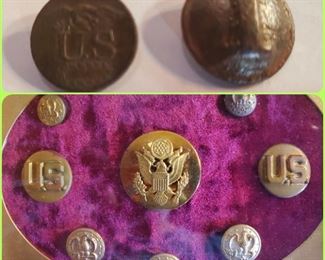 Military buttons and pins including Civil War Confederate Georgia infantry button.