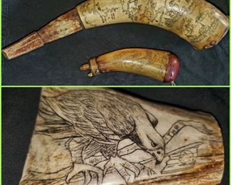 Scrimshaw powder horns and bone piece