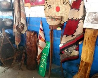 Native American wooden carvings, baskets, snow shoes, street signs, and more!
