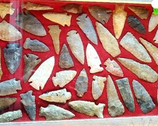Native American flint points. Framed. Dovetails, Drills, & many more. 