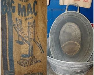 Big Mac Light Red Kidney Beans Bag. Michigan. Large handled set of antique washtubs