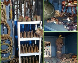 Cowbells, branding irons, ropes, stirrups, canteen, & more. 