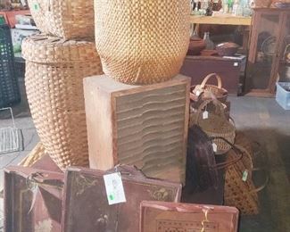 Baskets & trays including feather collection basket, Chinese rice basket, & many others. 