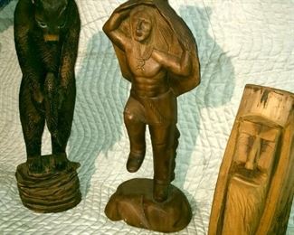 Carved wooden bear & fish, Indian with bear cape, Native American face. 