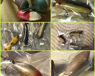 Vintage fishing items. Lots of lures including Heddon, Bombers, Paw Paw, & many more. Vintage bobbers/corks