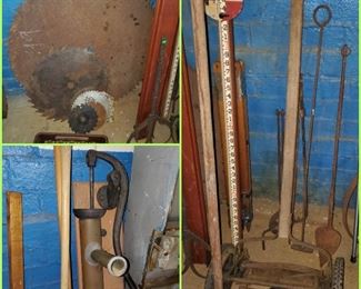 Vintage tools: saw blades, push lawn mower, blacksmithing tools, copper well pump, and so much more!