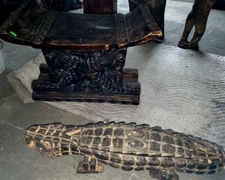 African tribal bench with carved alligators & a carved wooden alligator. 