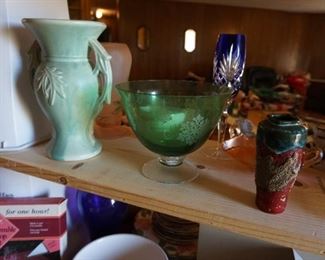 McCoy vase, green glass bowl