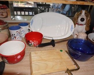 PIoneer Woman cookie jar, Corning ware platter, bowls, cheese cutting board