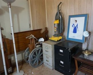 wheel chair, lamps, file cabinets, end table, vacuum