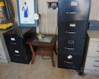 file cabinets, table, lamp
