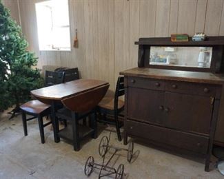 drop leaf table, 3 chairs, Christmas Tree, buffet