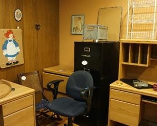 desk chair, desks, file cabinets