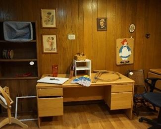 desk, lap quilt hoop, bookcase, 