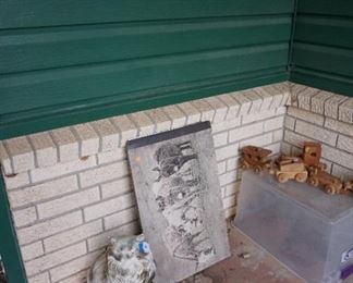 ceramic cat, wood train