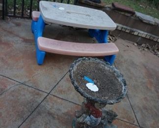 kids picnic table, bird bath