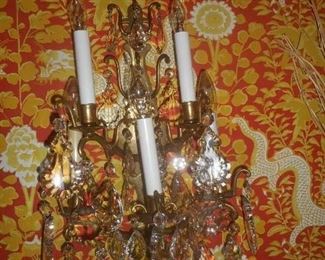 PAIR BRONZE FRENCH SCONCES w/CRYSTAL PRISMS 