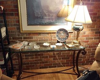 Glass Top Sofa Foyer Table with Metal Frame Legs,