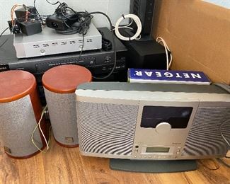 speakers, vhs player, dvd player, cd player