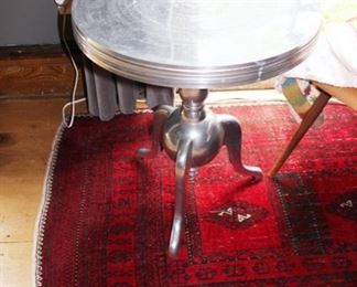 Two Indian pewter pedestal tables, rug