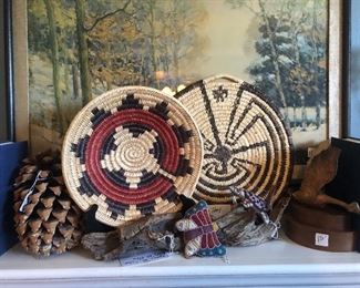 Papago Baskets, Beaded  Buttterfly and Turtle umbilical Fetishes.  