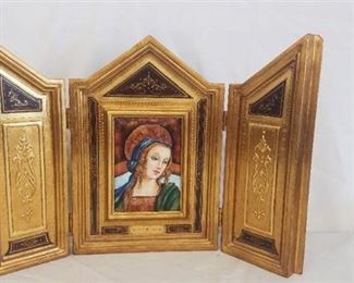 Vintage Wood Tri-Fold Religious Framed Madonna