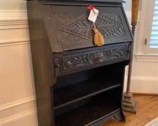 Antique English Carved Drop Leaf Desk