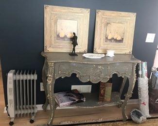 Gray Distressed Table, Pear Pictures, Milk Glass, Heater