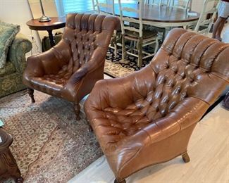 Pair of Wesley Hall Leather Tufted Lounge Chairs