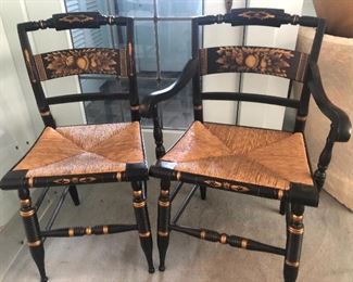 Hitchcock signed stenciled black harvest slatback captains chair and side chair

