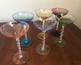 Midcentury multi colored rainbow glasses with twisted stems